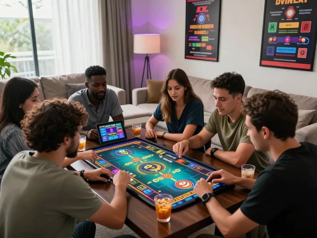 Group enjoying go88 online gaming with tablet in vibrant living room