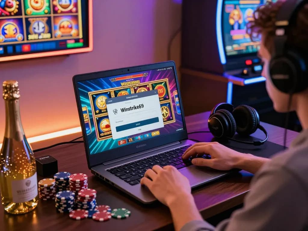 User enjoying Winstrike69 login on a sleek gaming laptop with vibrant slot graphics.