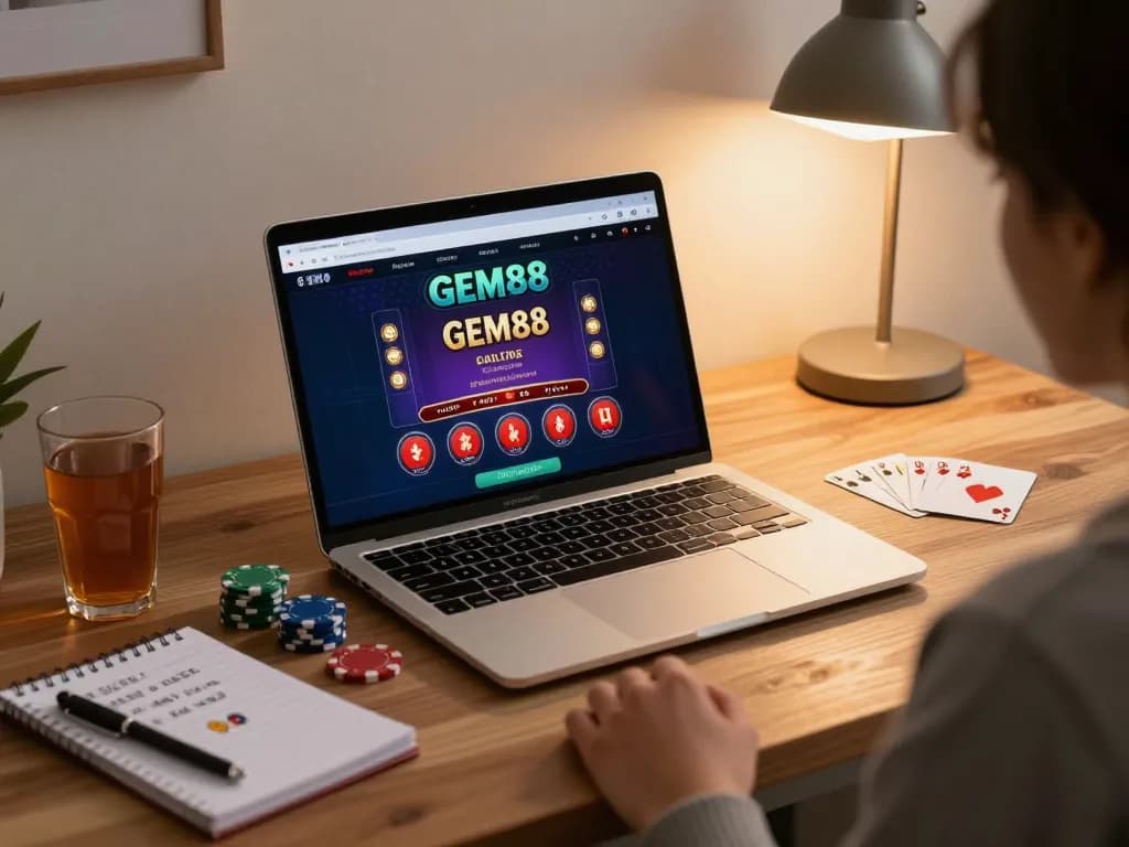 GEM88 online casino gaming interface displayed on a laptop in a cozy home office setting.