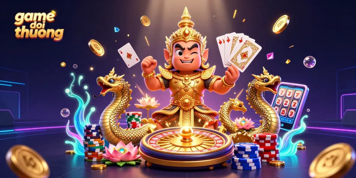 Experience thrilling game doi thuong action with golden coins, roulette, and vibrant casino elements in a captivating 3D scene.