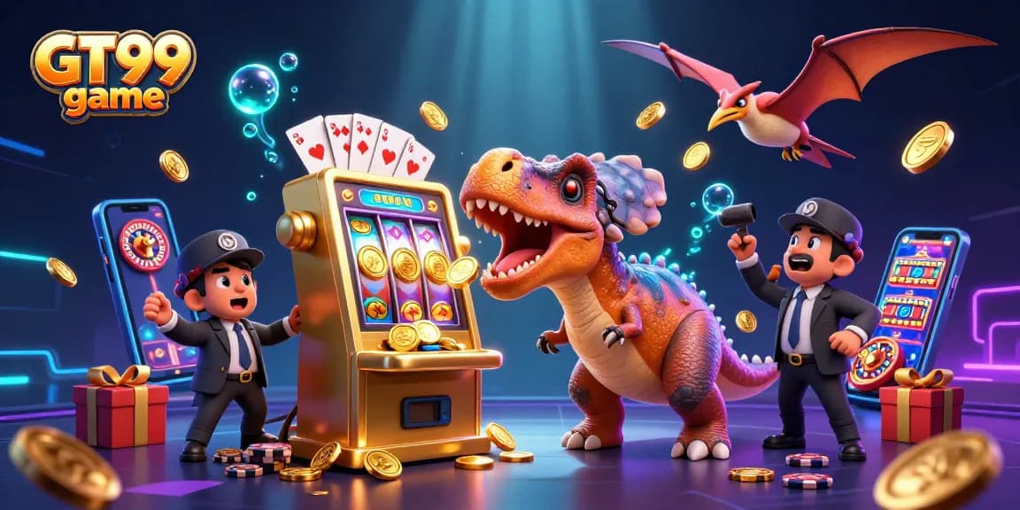 Engage in GT99 game excitement as a cartoon dinosaur interacts with a golden slot machine and coins fly.