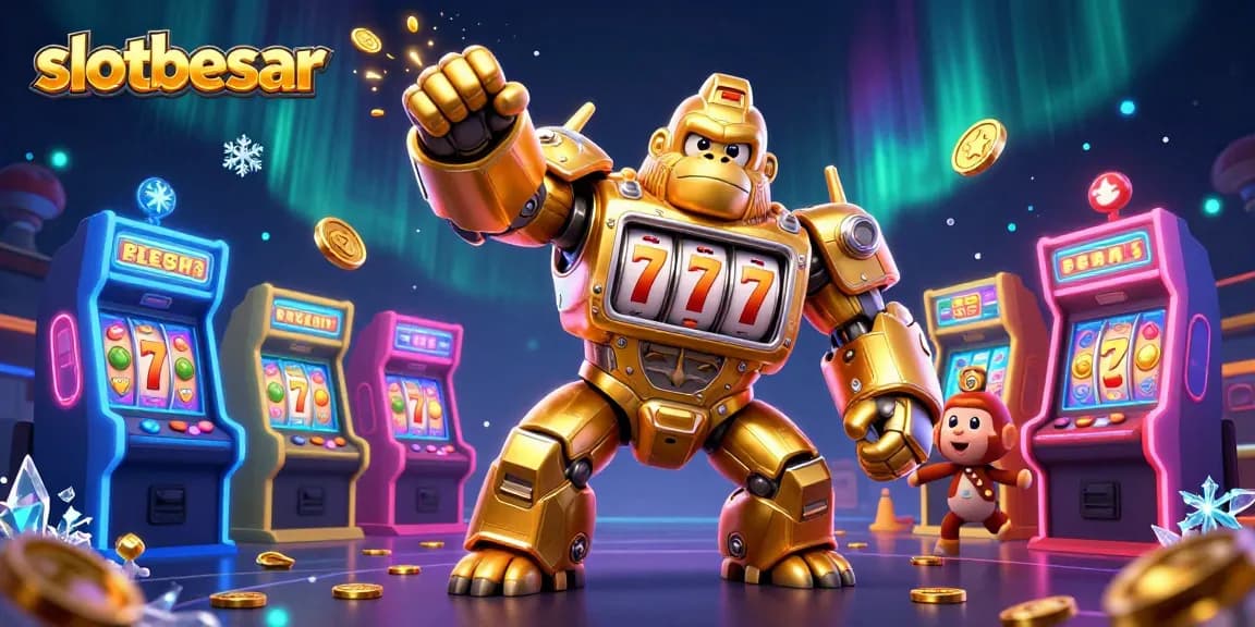 Experience thrilling wins at slotbesar with a dynamic scene of a golden gorilla mech and slot elements.