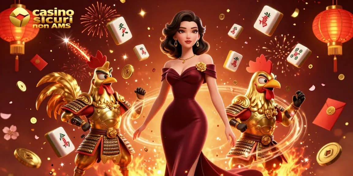 Scopri l'emozione nei casinò sicuri non AAMS con una scena glamour in 3D che presenta una donna e un guerriero con un gallo dorato.