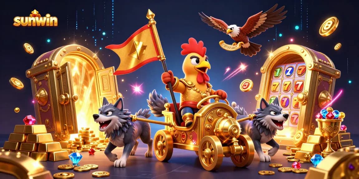 Experience the thrill of sunwin in this dynamic 3D illustration featuring a rooster warlord and treasure elements.