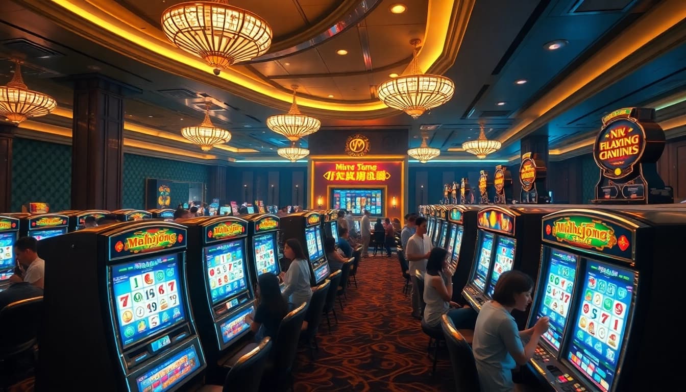 Playing the slot demo mahjong amidst vibrant casino excitement with colorful slot machines.