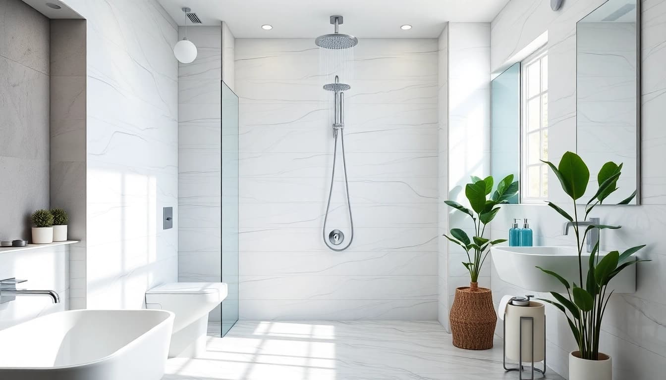 Install an elegant shower uk in a contemporary bathroom with modern finishes and natural lighting.