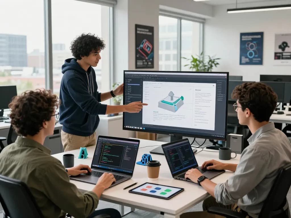 Collaborative team working on 3D product configurator software in a modern tech workspace.