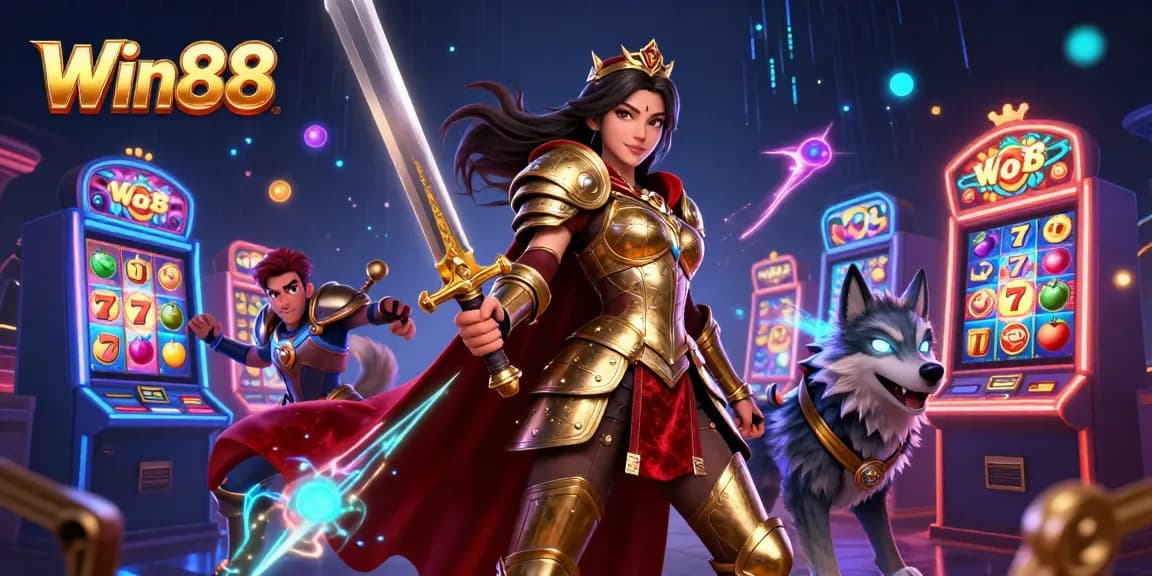 Win88 casino scene featuring a warrior queen and armored wolf surrounded by vibrant slot machines.