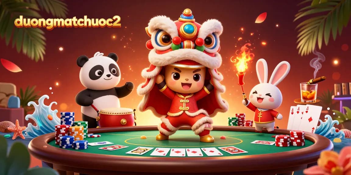 Engage with duongmatchuoc2 as lively lion dancers celebrate around a vibrant poker scene.