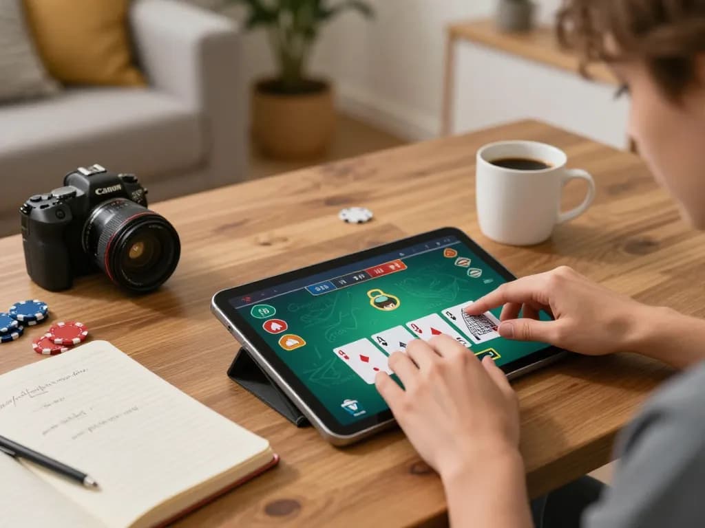 SC88 player engaging with online poker on tablet, showcasing cozy home gaming atmosphere and strategy notes.