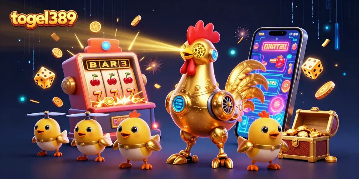 Engaging scene of togel389 showcasing a golden rooster robot and baby chick drones in a vibrant casino setting.
