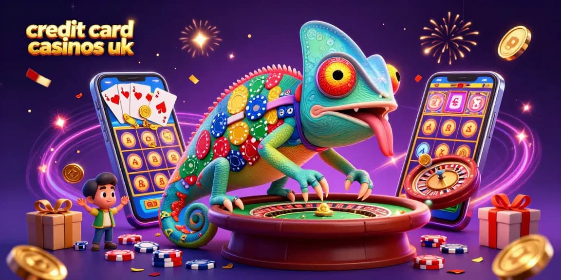Experience the excitement of credit card casinos UK with a dynamic casino scene featuring a chameleon, games, and gold.