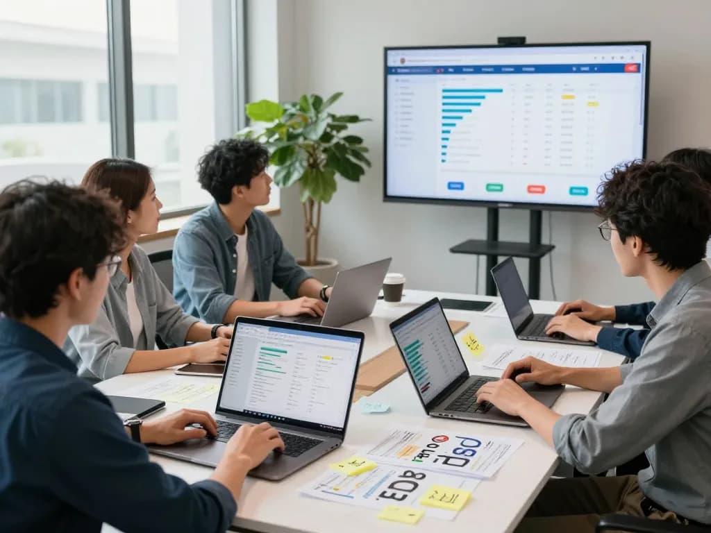 Team of SEO experts at a NYC SEO Company discussing strategies and analytics in a bright office.