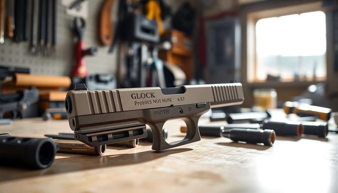 Showcase the Glock 17 slide OEM, highlighting its detailed craftsmanship and precision.