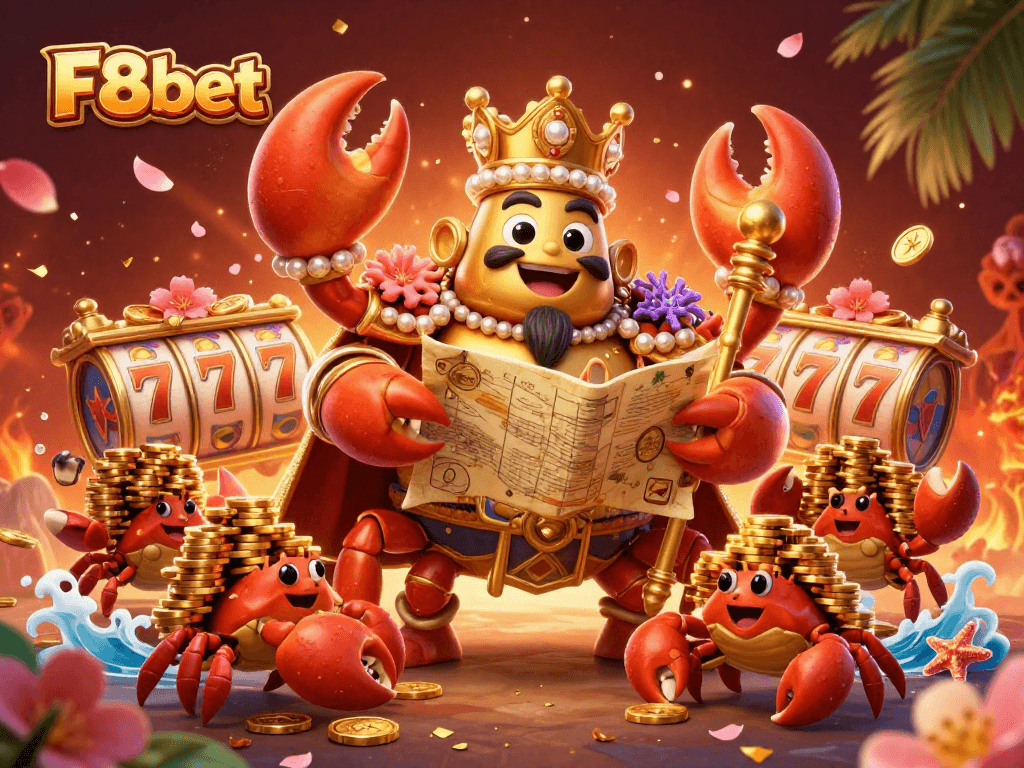 Join the F8bet gaming adventure with a golden crab emperor amidst vibrant casino elements.