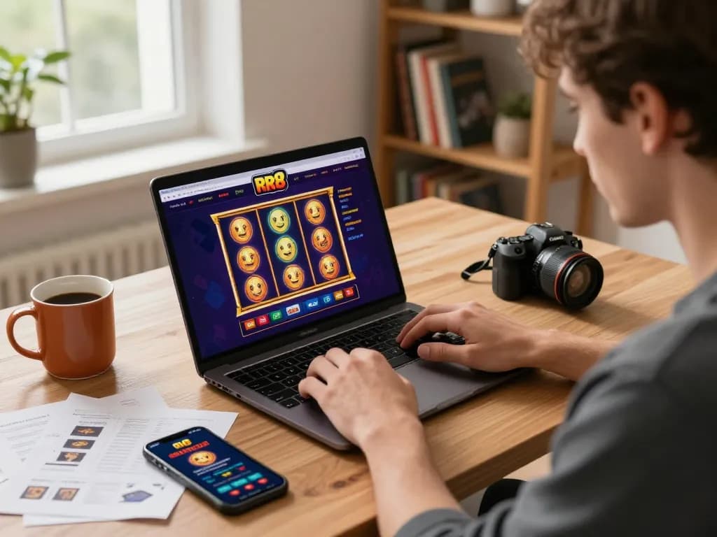 Player engaging with RR 88 online casino while reviewing strategy notes in a cozy gaming setup.
