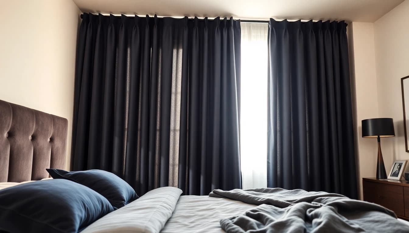Verduisterende gordijnen in een moderne slaapkamer met luxe stoffen en stijlvol ontwerp.