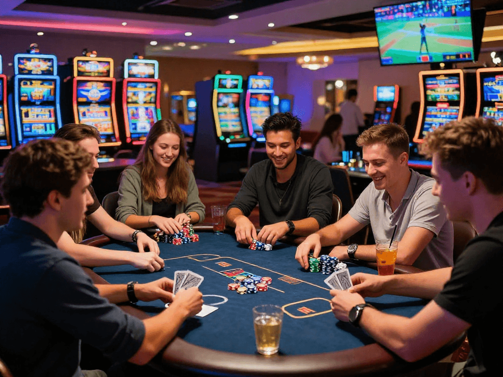 Vibrant casino scene with friends enjoying gaming at top rated EU casinos, lively atmosphere illuminated by neon lights.