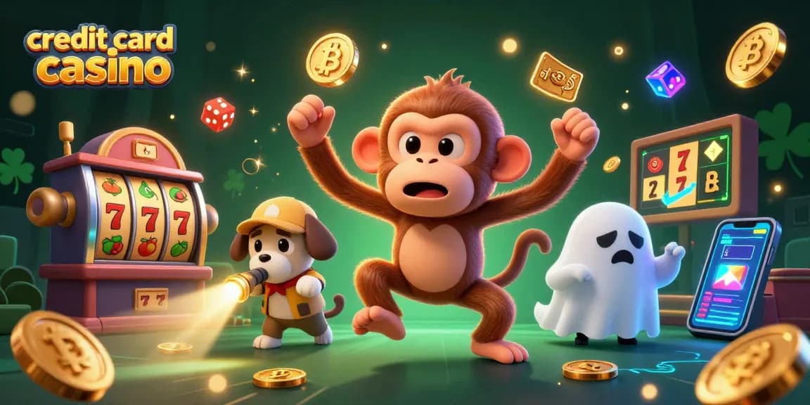 Experience the excitement at a credit card casino with a lively, dynamic scene featuring gaming elements and characters.