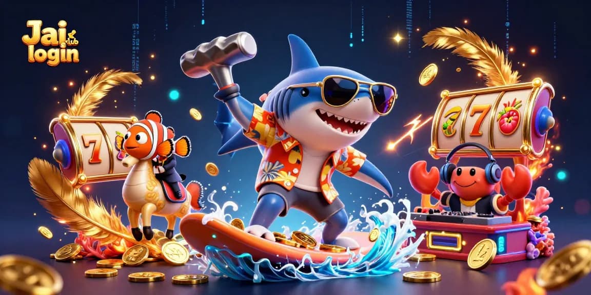 Surf on gold coins with the Jai club login experience featuring a hammerhead shark and vibrant casino elements.
