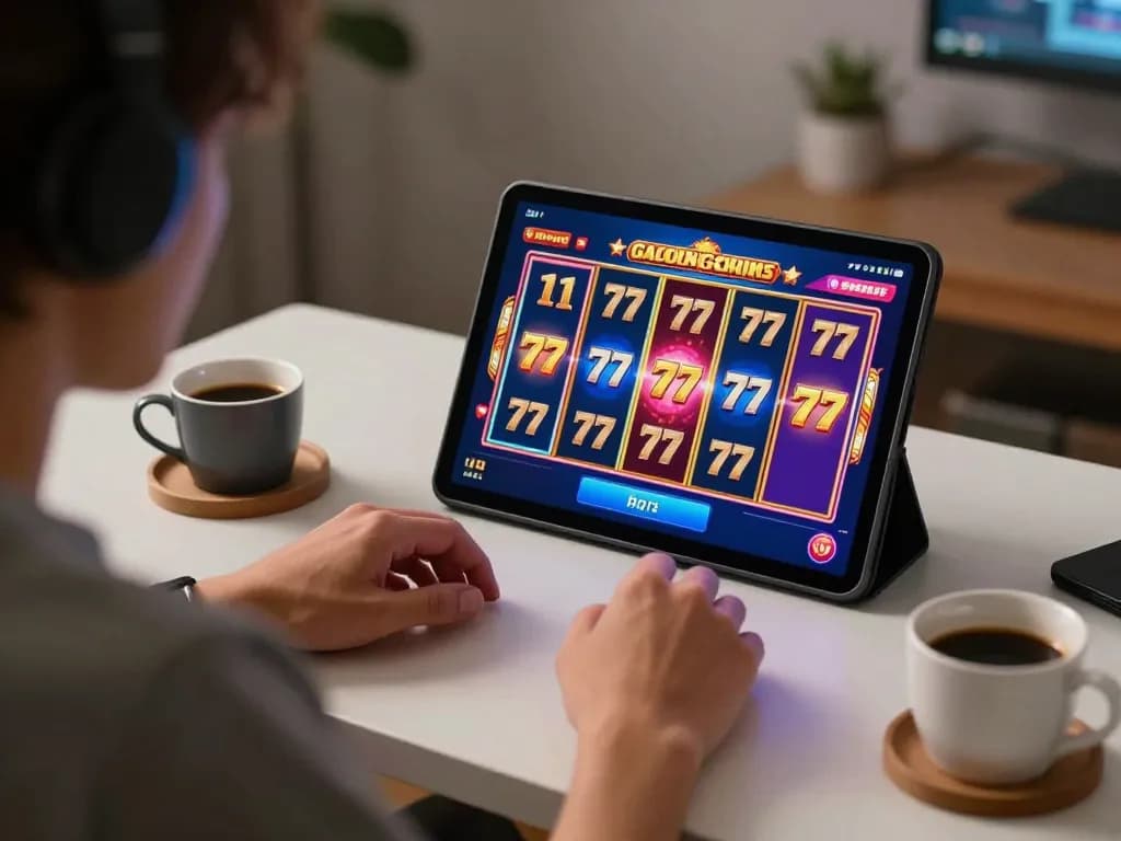Engaging online player enjoying slot gacor 777 on a tablet in a cozy home setup while sipping coffee.