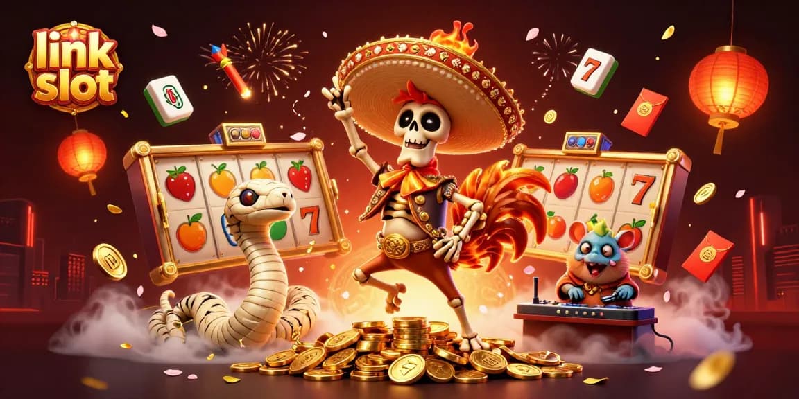 Spin the link slot and win big with the vibrant casino-themed illustration featuring unique characters.