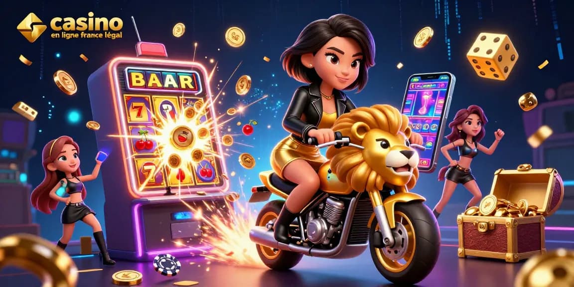 Scène engageante avec un thème de casino en ligne france légal, mettant en vedette une femme glamour chevauchant une mascotte de lion doré.