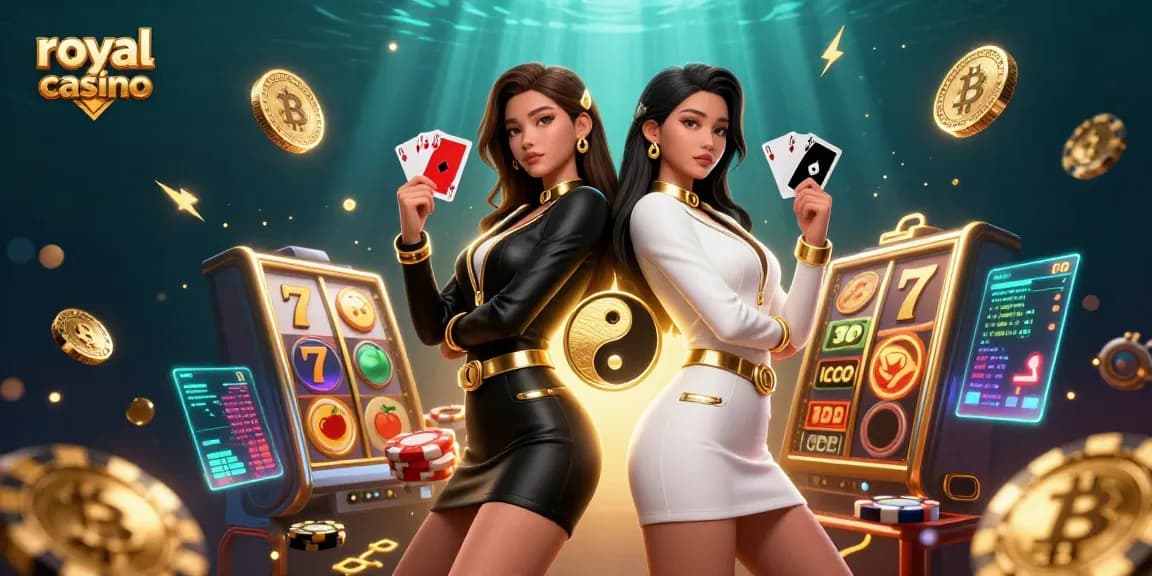 Experience royal casino action with stunning twin Asian women showcasing vibrant slot game elements.