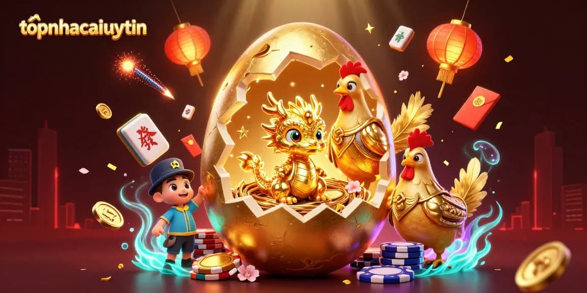 Experience thrilling gaming with topnhacaiuytinn: a golden dragon surrounded by lucky symbols and vibrant casino elements.