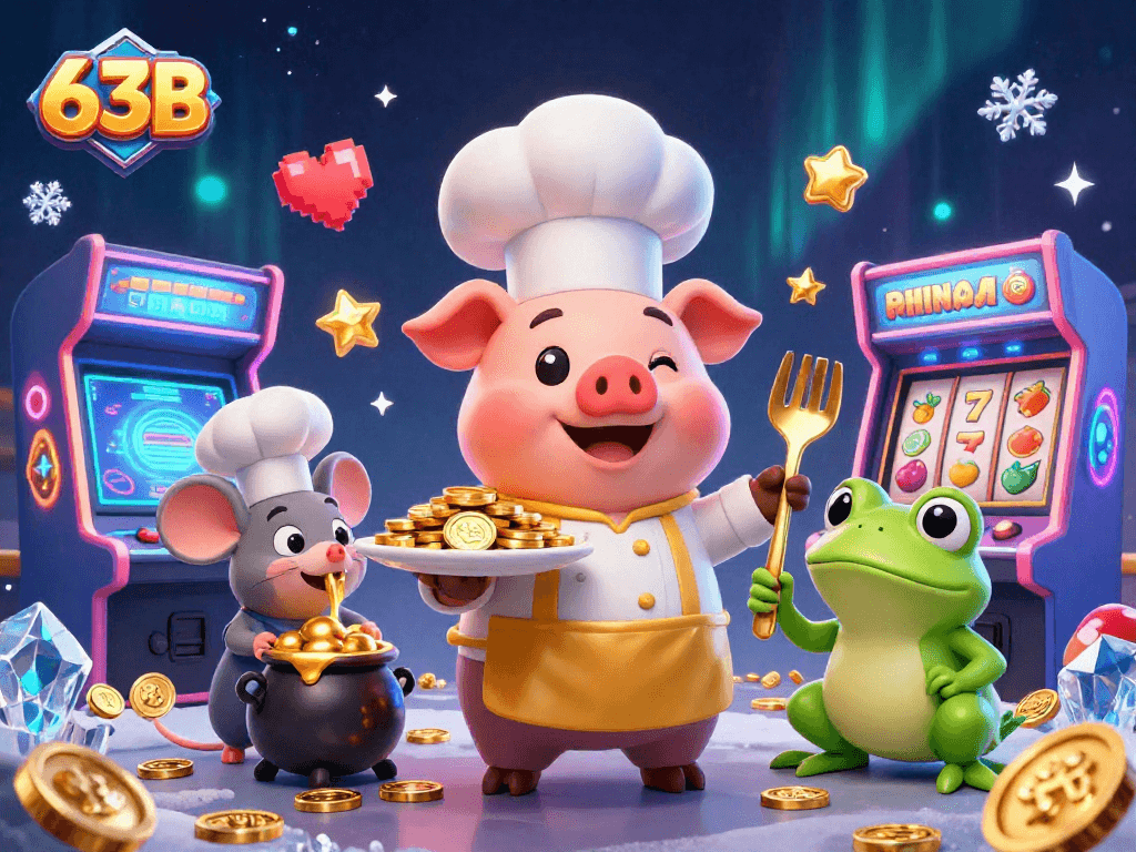 O 63B oferece uma divertida experiência de cassino com um chef porco e um crítico degustando moedas de ouro.