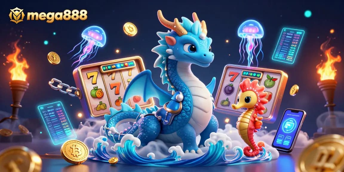 Kemenangan mega888 dengan dragon 3D, gulungan slot, dan elemen neon. Mainkan dan menangkan jackpot di kasino online!