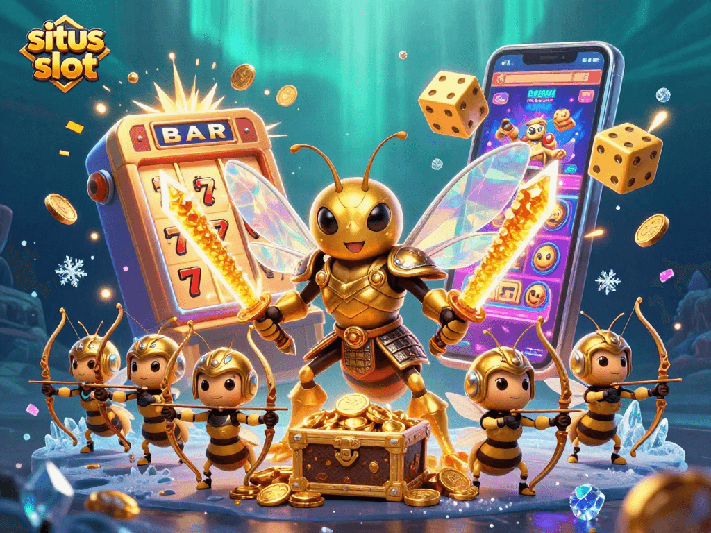 Experience thrilling payouts with situs slot featuring a giant hornet samurai amidst jackpot excitement and vibrant colors