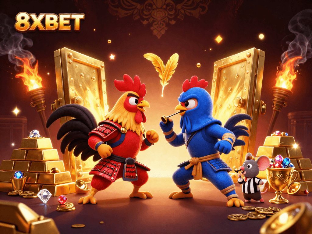 Experience the thrilling standoff between fighting roosters in 8XBET's vibrant casino world.