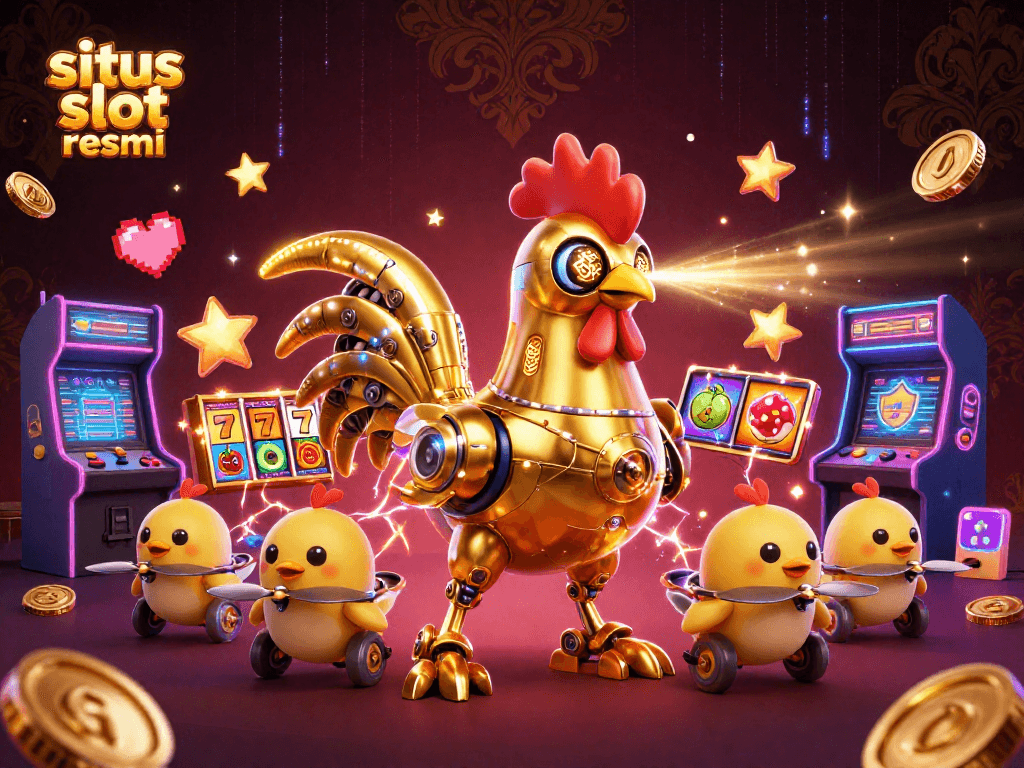 Engage with situs slot resmi as a golden rooster robot showcases its jackpot-winning capabilities alongside dynamic gaming icons.