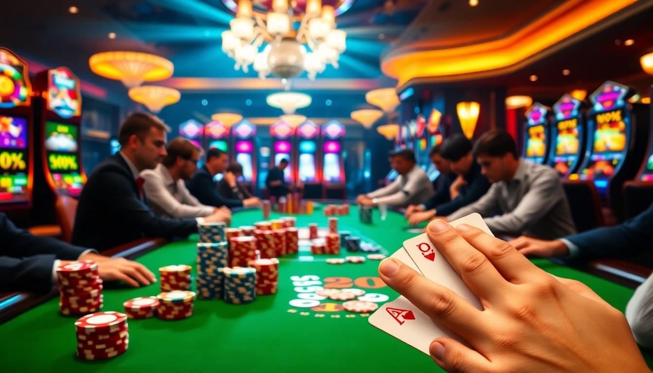 Bermain poker dan merayakan kemenangan Datuk Win dengan tumpukan chip dan lampu kasino yang berwarna-warni.