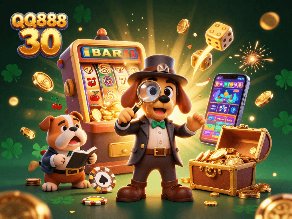 Engage in thrilling slots at QQ888 30, with a detective theme revealing a golden poker chip amidst rich casino elements.