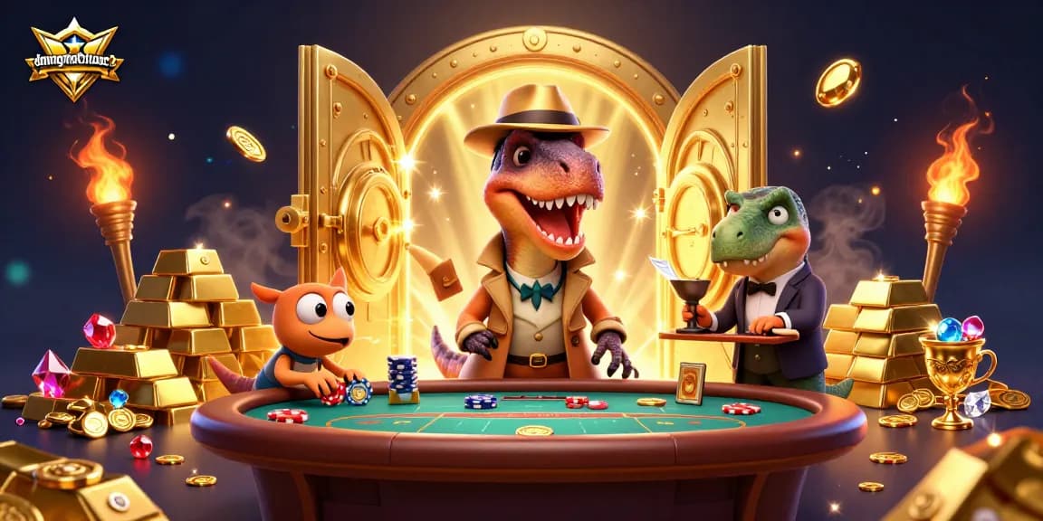 Engage in a thrilling game at duongmatchuoc2 while a velociraptor card counter and other characters navigate the blackjack table.