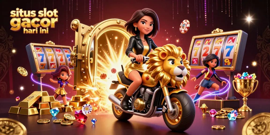 Rasakan keseruan situs slot gacor hari ini dengan seorang wanita Asia glamor yang menunggangi maskot singa emas.