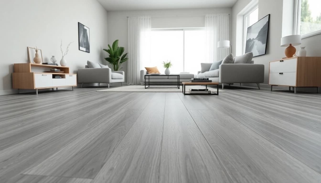Showcasing grey vinyl flooring in a chic living room, highlighting its sleek and modern design.