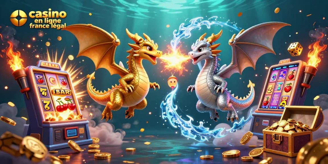 Jouez sur casino en ligne france légal avec des dragons 3D, machines à sous et éléments colorés.