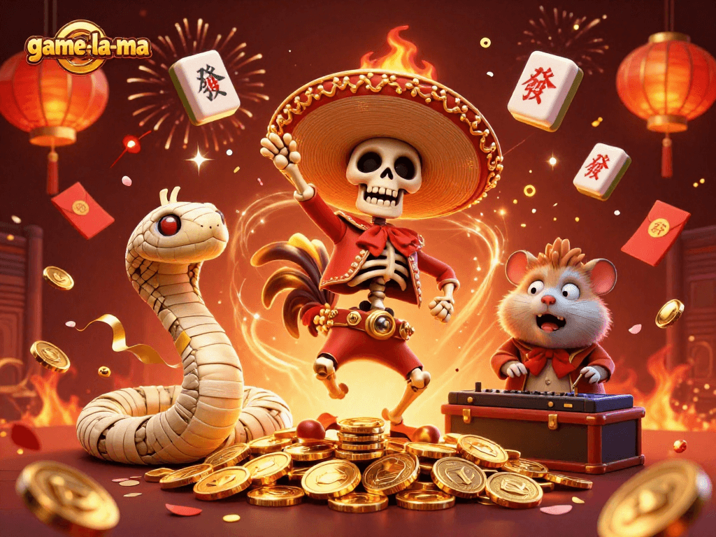 Join the game-la-ma excitement with vibrant casino characters and festive elements in this animated illustration.