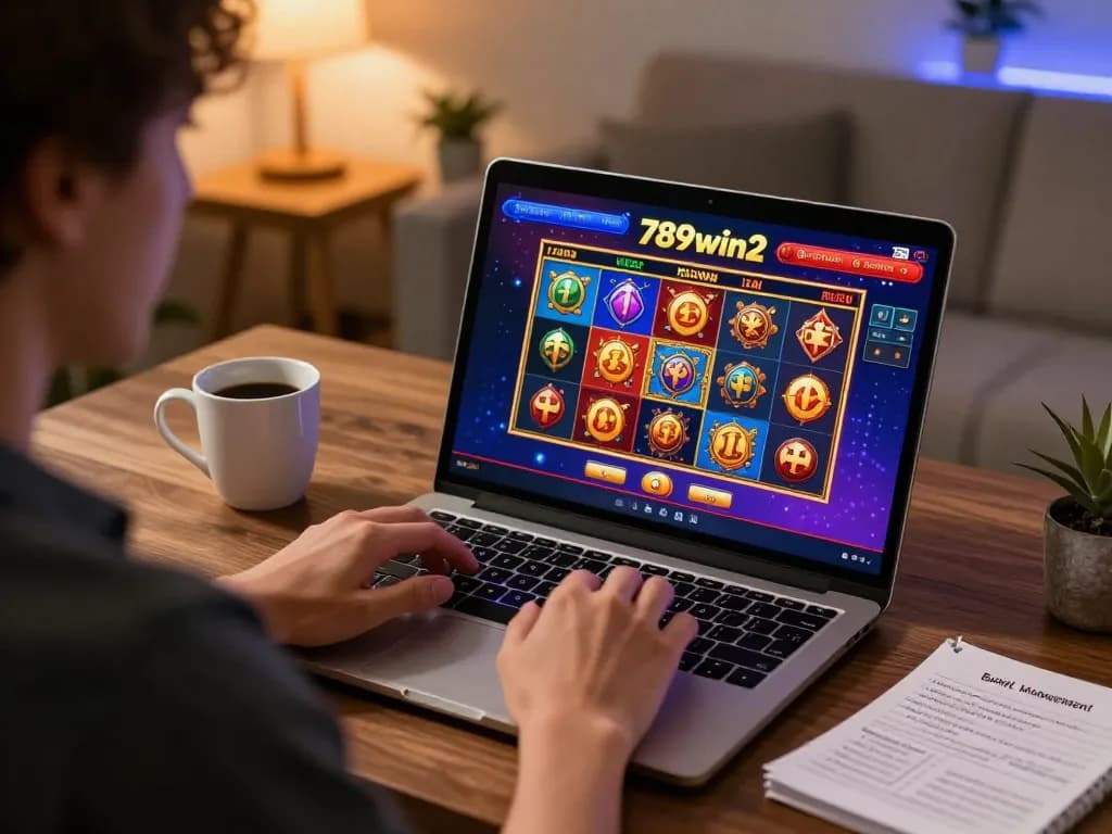 Engaging in a strategic online gaming session on 789win2 with colorful slots and laptops
