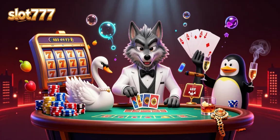 Spin the slots with slot777 in a glamorous casino scene featuring a debonair wolf and elegant swan.