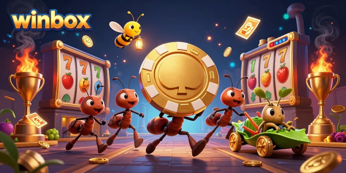 Winbox betting excitement illustrated with ants heisting a giant poker chip in a vibrant casino atmosphere.
