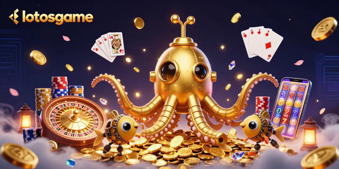 Experience exciting gameplay with lotosgame in this vibrant 3D casino illustration featuring a golden kraken.