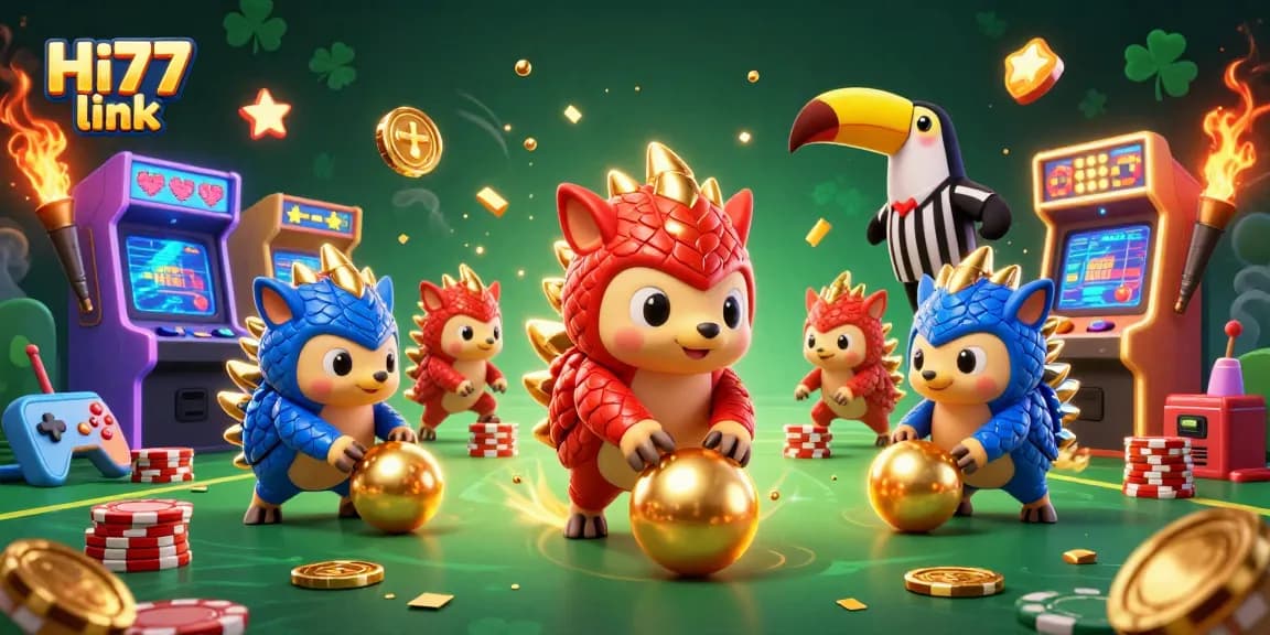Engage with the exciting Hi77 link gameplay featuring a vibrant 3D cartoon scene of pangolins in action.
