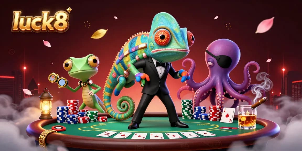 Immerse yourself in luck8's vibrant poker scene with a colorful chameleon, gecko, and octopus.