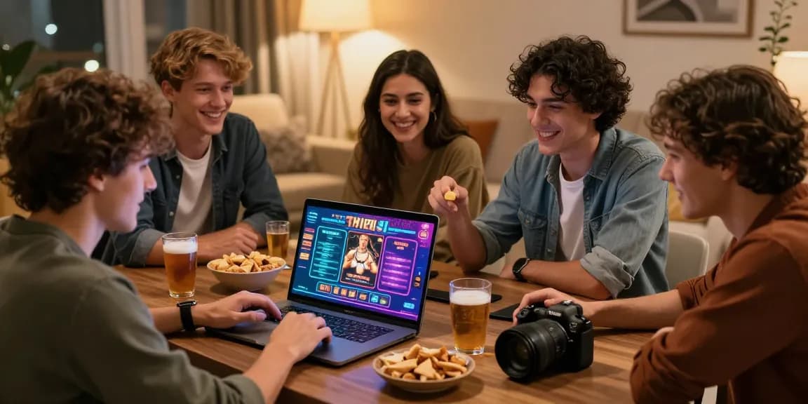Friends choosing a 토토사이트 for online betting in a lively atmosphere with colorful gaming screens.
