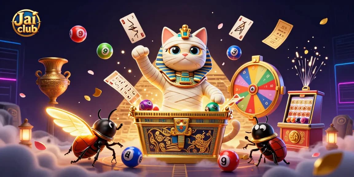 Engage with Jai club's vibrant lottery scene featuring an Egyptian mummy cat and golden elements.