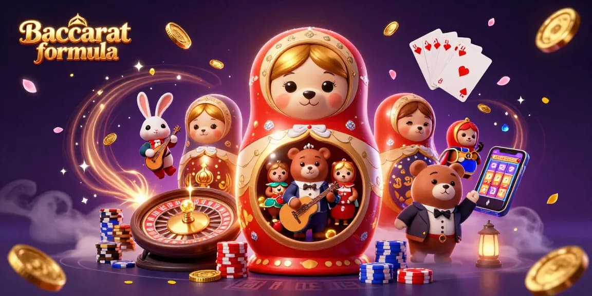 Baccarat formula dynamic scene with Matryoshka bear, casino elements, and magical atmosphere.